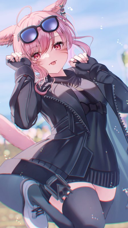 明日方舟砾粉发兽耳少女戴墨镜酷飒造型插画动漫手机壁纸