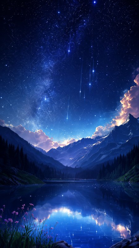 星空流星划过湖面山峦倒影梦幻夜景插画手机壁纸