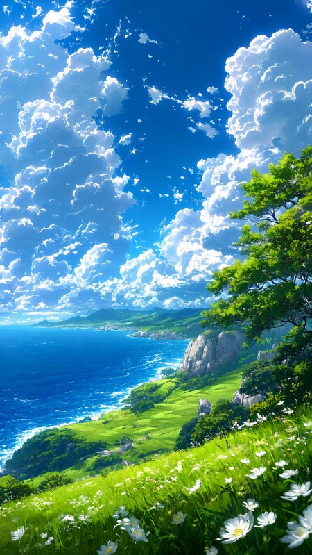 碧海蓝天绿野白花海岸线清新动漫风景手机壁纸