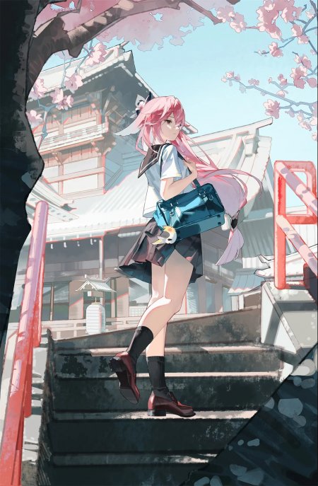 原神八重神子粉发少女提包走神社台阶插画动漫手机壁纸