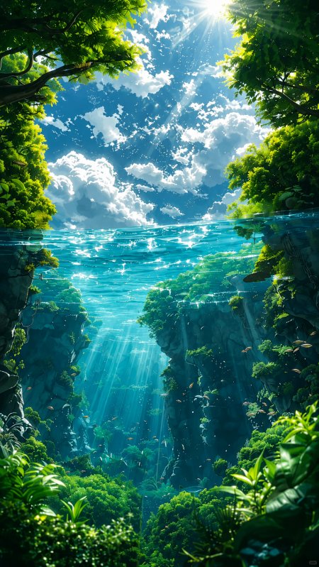 水下森林阳光穿透水面奇幻生态插画手机壁纸