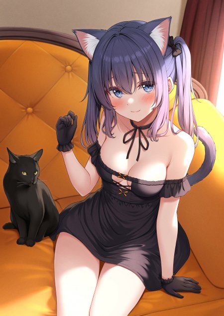 猫耳少女坐橙色沙发旁伴黑猫性感装扮插画动漫手机壁纸
