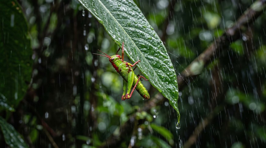 雨林绿叶下躲雨的翠绿蚂蚱微距昆虫电脑壁纸