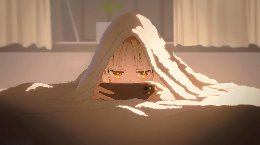 孤独摇滚伊地知虹夏被窝看手机温馨少女插画电脑壁纸