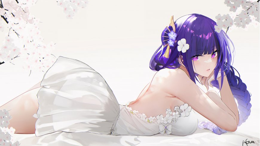 原神雷电将军樱花下躺卧花嫁少女插画电脑壁纸