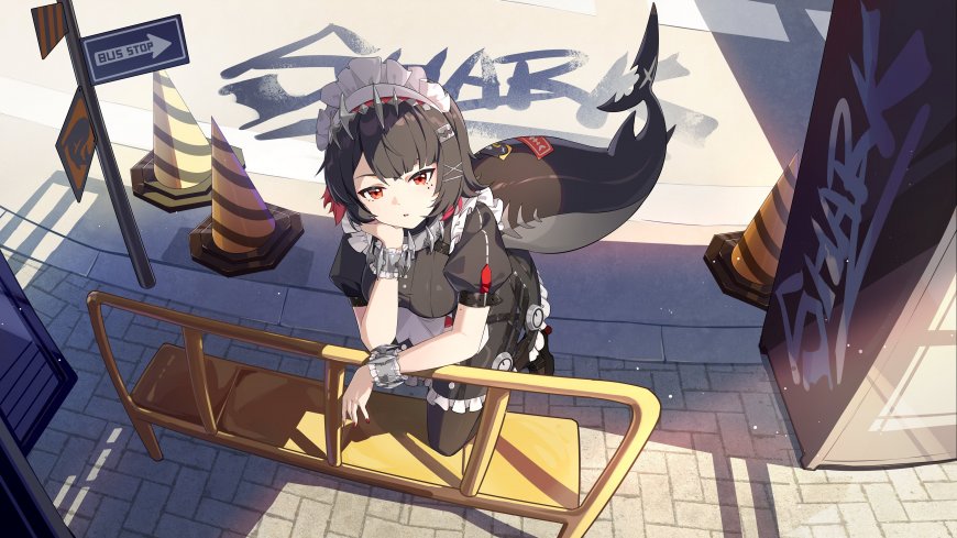 绝区零艾莲乔公交站牌旁慵懒坐姿女仆少女插画电脑壁纸