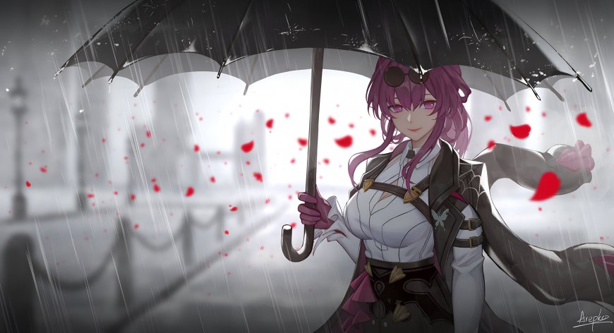 崩坏星穹铁道卡芙卡雨中撑伞红瓣飘落优雅少女插画电脑壁纸