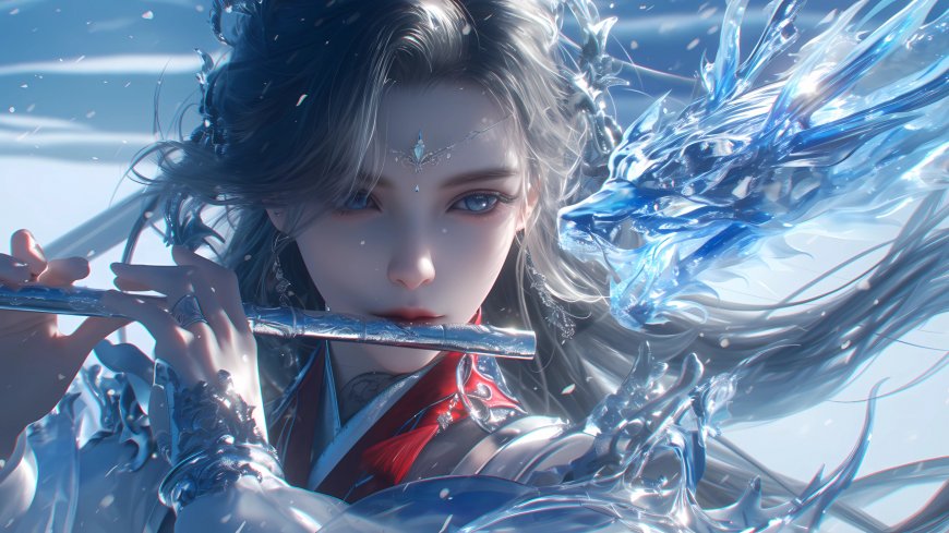 古风美女吹笛水龙环绕唯美插画电脑壁纸