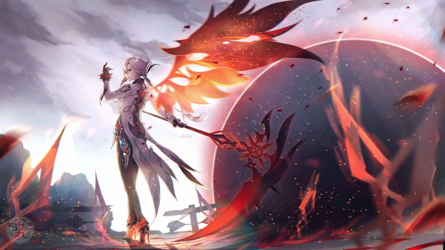 原神阿蕾奇诺火焰羽翼背景战斗姿态少女插画电脑壁纸