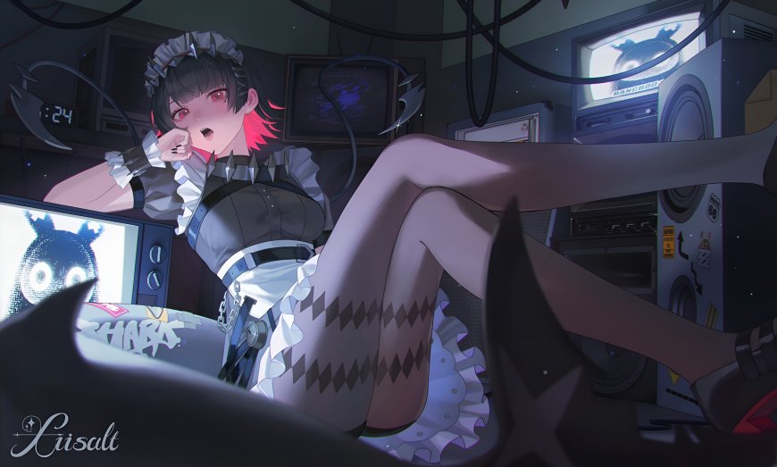 绝区零艾莲乔电视房中侧卧女仆少女日常插画电脑壁纸