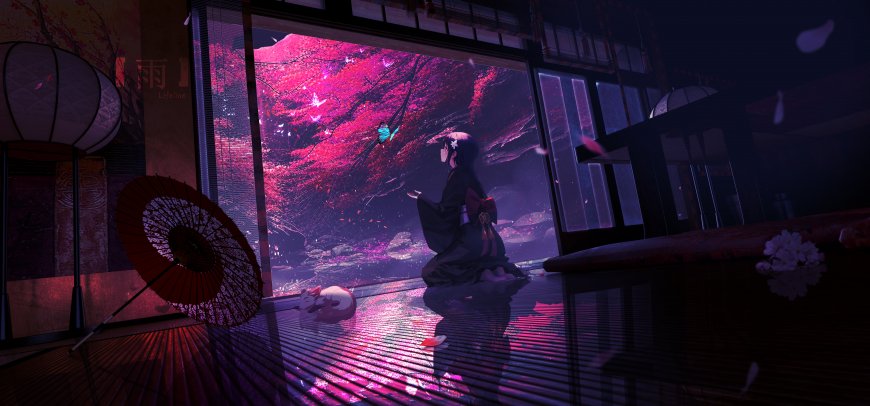 原神雷电将军雨夜窗边赏樱和服少女唯美插画电脑壁纸
