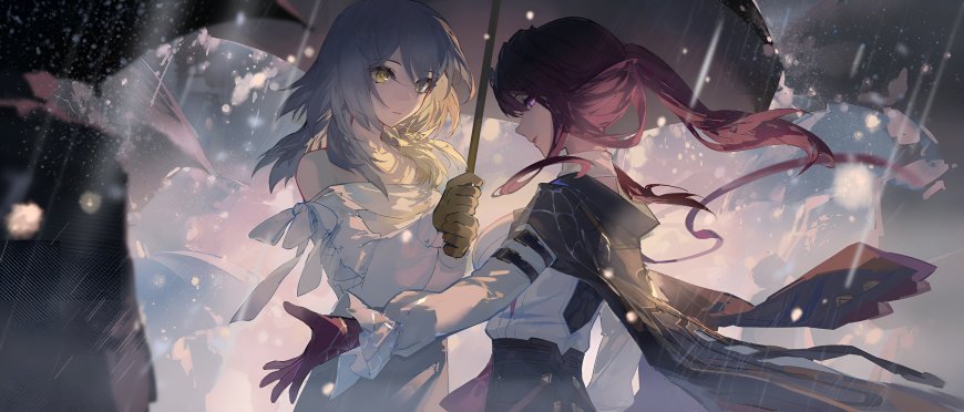 崩坏星穹铁道卡芙卡与开拓者雨中撑伞唯美插画电脑壁纸