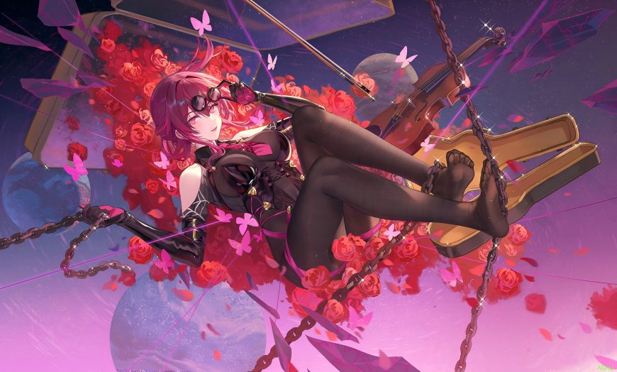 崩坏星穹铁道卡芙卡玫瑰与小提琴紫色梦幻场景少女插画电脑壁纸