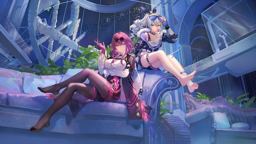 崩坏星穹铁道卡芙卡与银狼蓝调大厅沙发休闲少女插画电脑壁纸