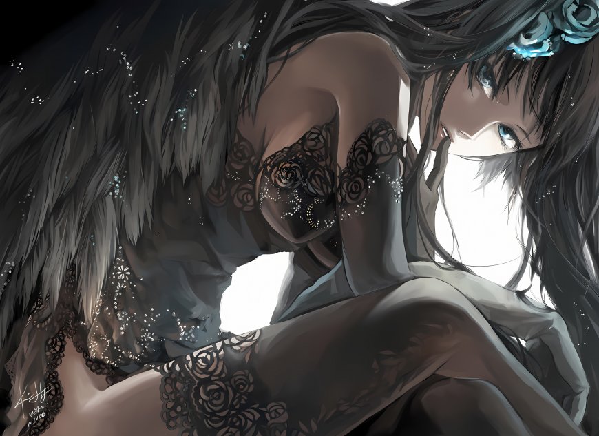 黑羽少女蕾丝装饰忧郁眼神暗黑风插画电脑壁纸