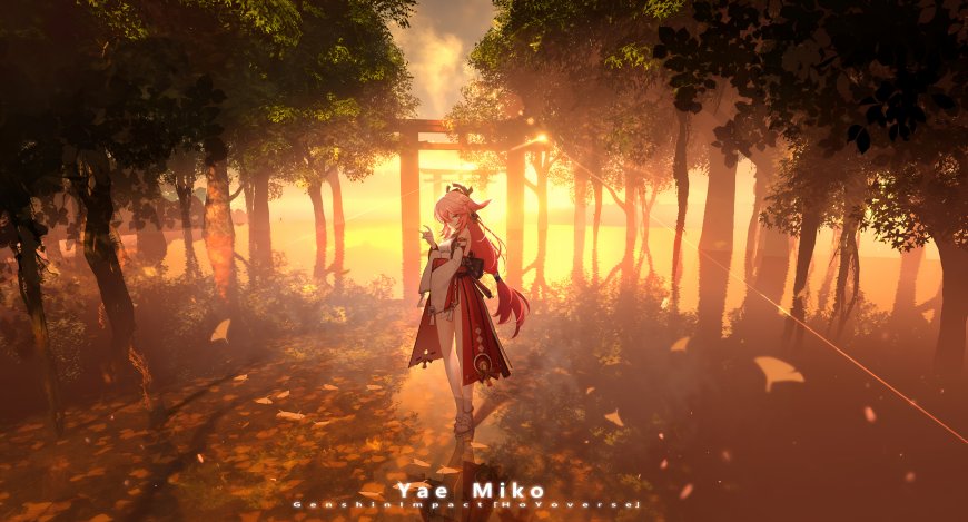原神八重神子伫立鸟居前夕阳森林唯美风景插画电脑壁纸