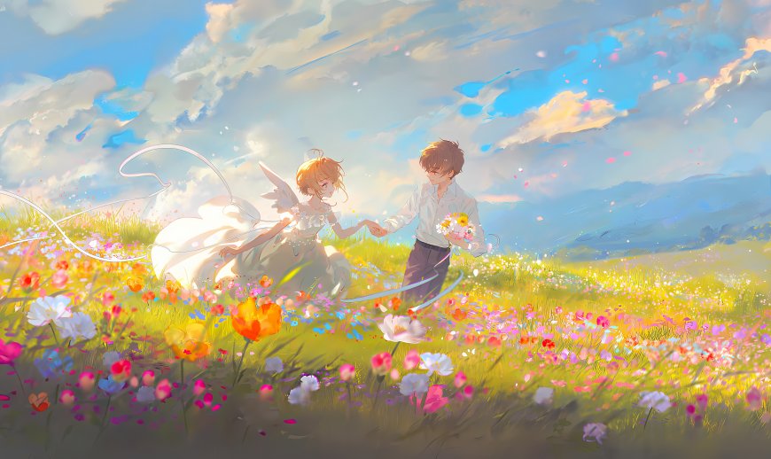 魔卡少女樱李小狼花海牵手甜蜜少女插画电脑壁纸