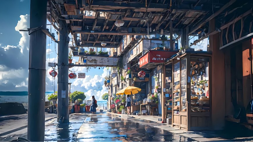 海边小店街景治愈系风景插画电脑壁纸