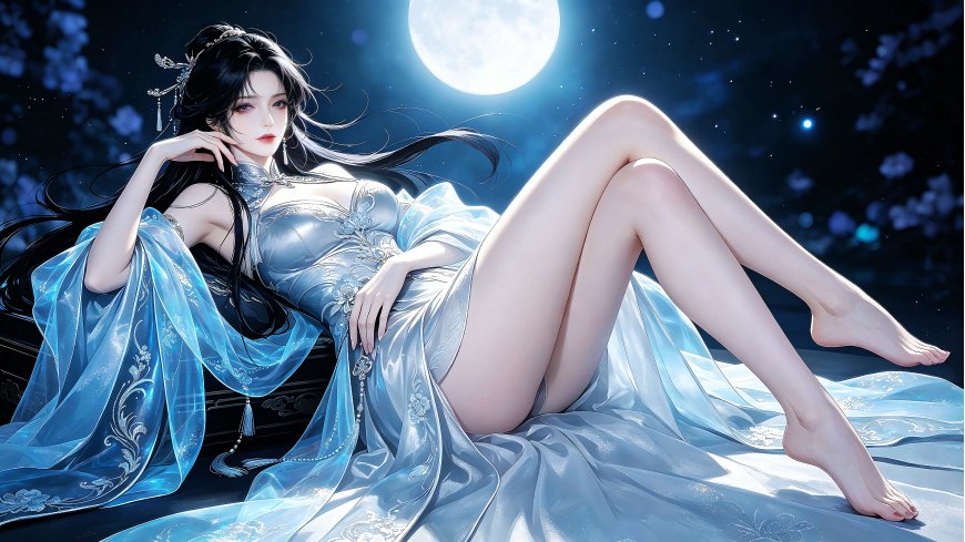 月夜下身着蓝色纱裙的古风唯美美女插画电脑壁纸