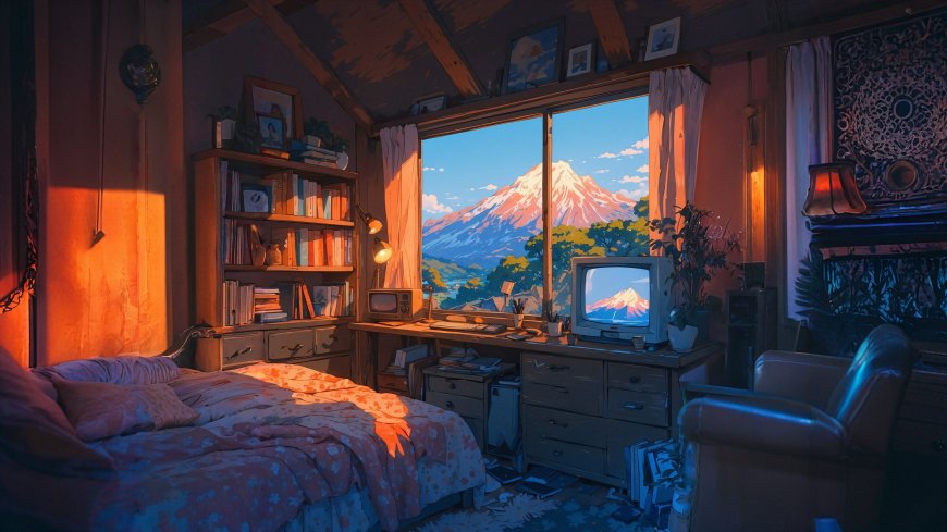 温馨卧室窗外雪山风景复古电视插画电脑壁纸