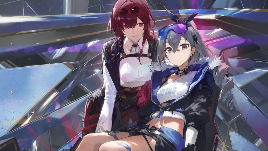 崩坏星穹铁道卡芙卡与银狼未来座舱内亲密合影少女插画电脑壁纸