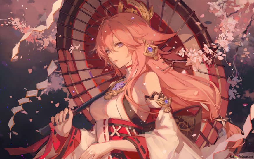 原神八重神子持伞樱花飘落唯美和风少女插画电脑壁纸