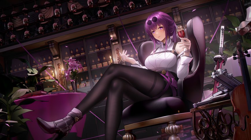 崩坏星穹铁道卡芙卡酒吧品酒黑丝长腿御姐风少女插画电脑壁纸