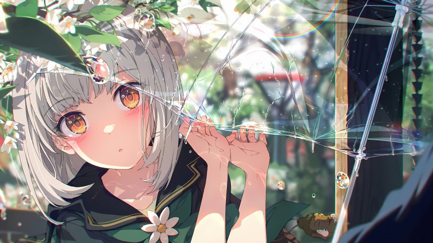 鸣潮银木犀雨中撑伞清新少女插画电脑壁纸