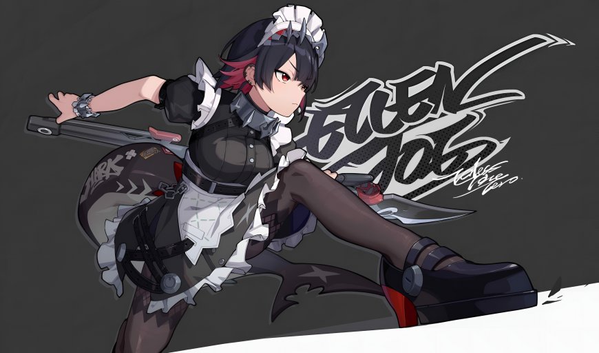 绝区零艾莲乔持枪坐姿女仆少女酷飒插画电脑壁纸