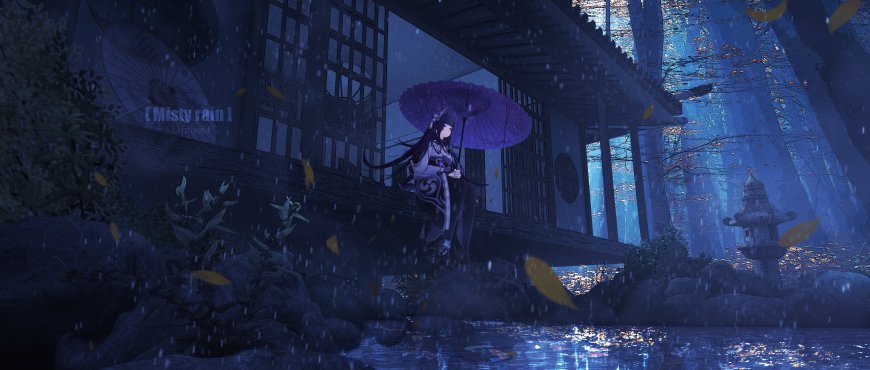 原神雷电将军撑伞雨夜古风场景动漫插画电脑壁纸