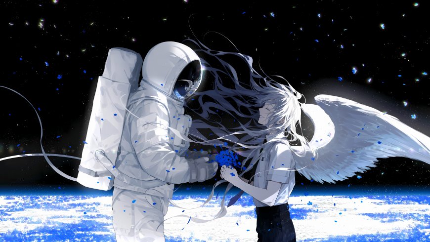 宇航员与天使星空下赠花浪漫创意插画电脑壁纸