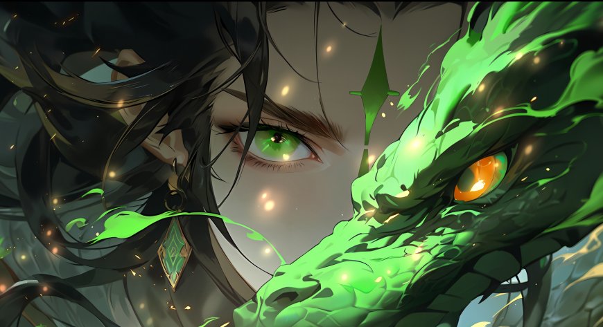 赛博修仙绿龙少年眼神凌厉水墨风插画电脑壁纸