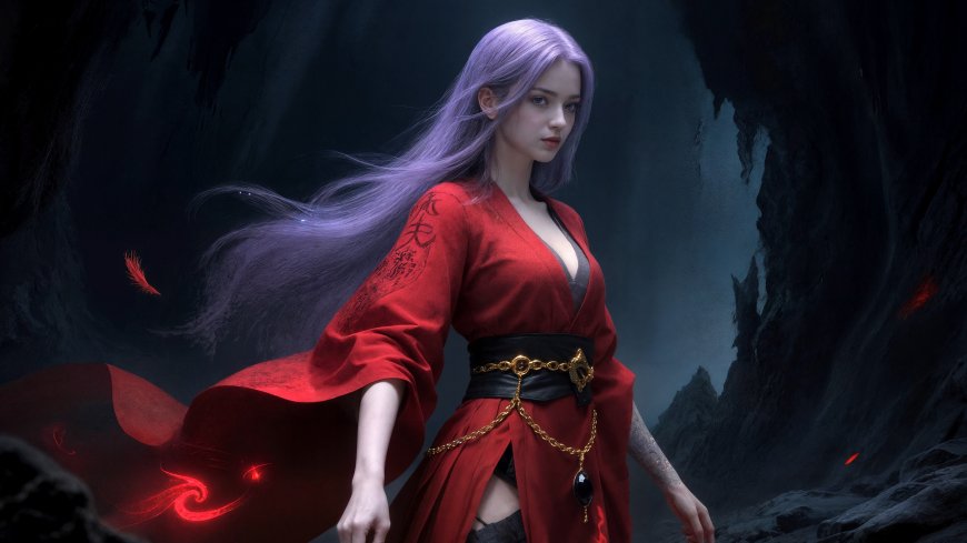 紫发红衣古风美女暗黑洞穴AI绘画电脑壁纸