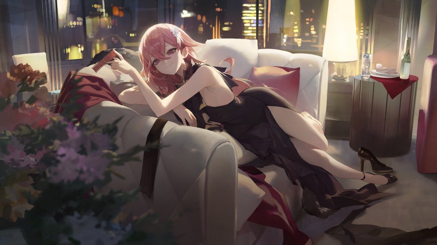 崩坏星穹铁道卡芙卡夜景沙发黑裙优雅少女插画电脑壁纸