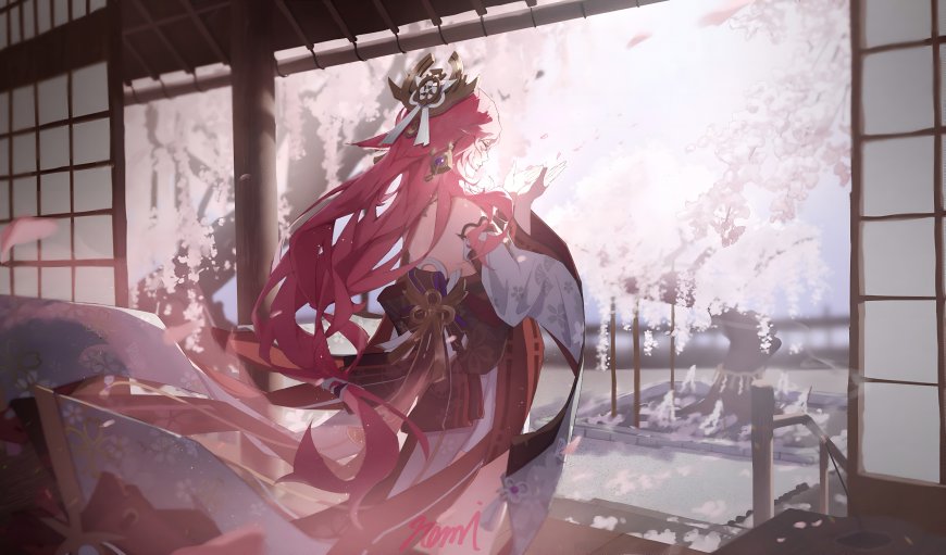 原神八重神子神社鸟居粉樱月夜唯美少女插画电脑壁纸