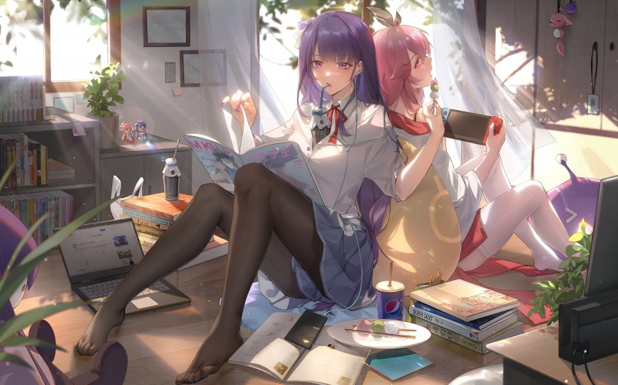 原神雷电将军与八重神子宅家休闲日常双人少女插画电脑壁纸
