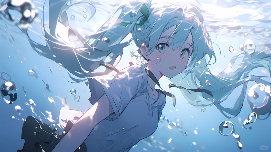 初音未来水下漂浮蓝发少女梦幻插画电脑壁纸