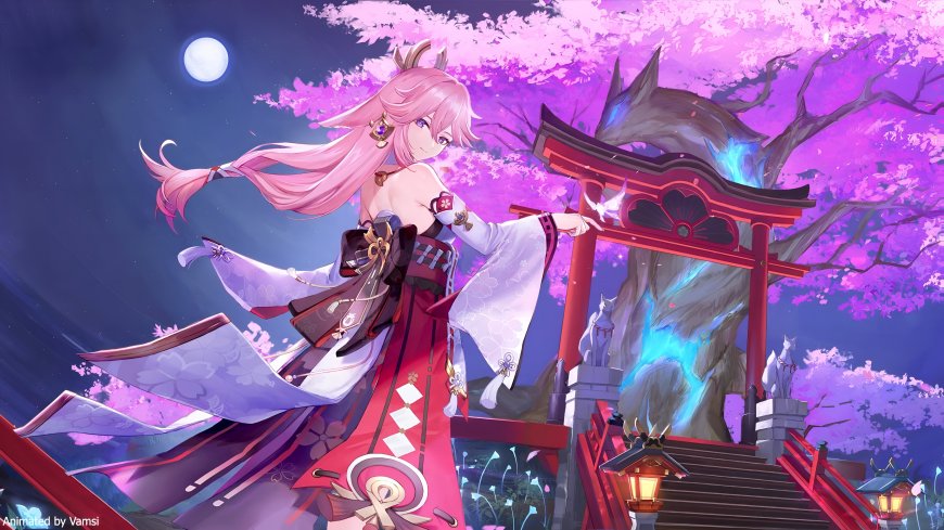 原神八重神子月下神社粉发飘逸和风少女插画电脑壁纸