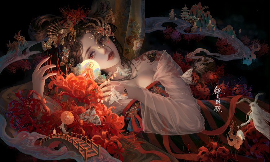 彼岸花古风美人曼珠沙华唯美插画电脑壁纸