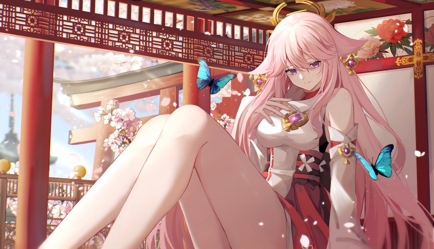原神八重神子蝴蝶环绕樱花庭院唯美少女插画电脑壁纸