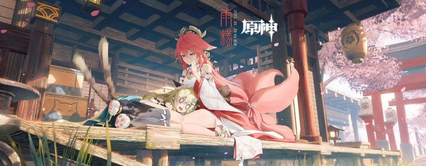 原神八重神子与绮良良樱花神社温馨互动少女插画电脑壁纸