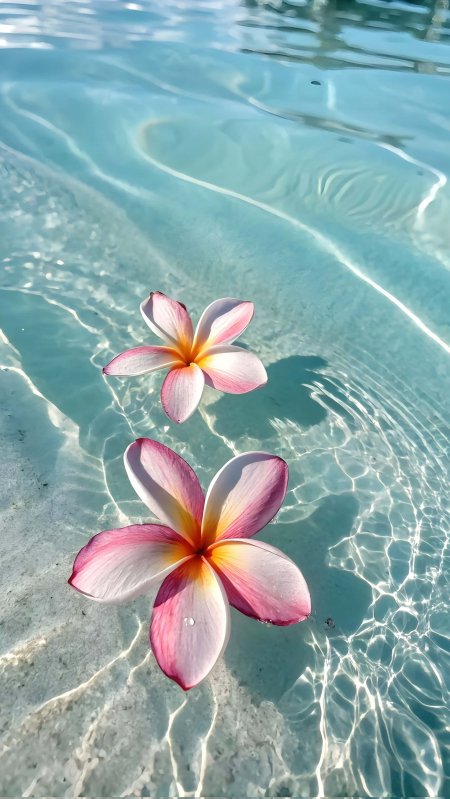清澈泳池漂浮粉色鸡蛋花夏日清新治愈风景手机壁纸