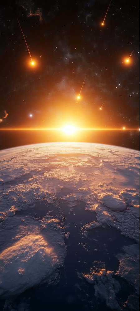 地球大气层外金色日出流星划过太空科幻风景手机壁纸