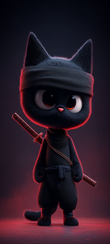 黑猫忍者持刀红眼暗黑风格创意插画手机壁纸