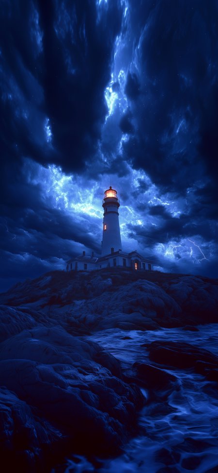 雷暴夜空灯塔矗立岩石海岸蓝色调奇幻风景插画手机壁纸