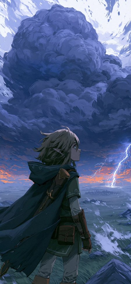 塞尔达传说林克眺望雷电风暴黄昏旷野冒险动漫手机壁纸