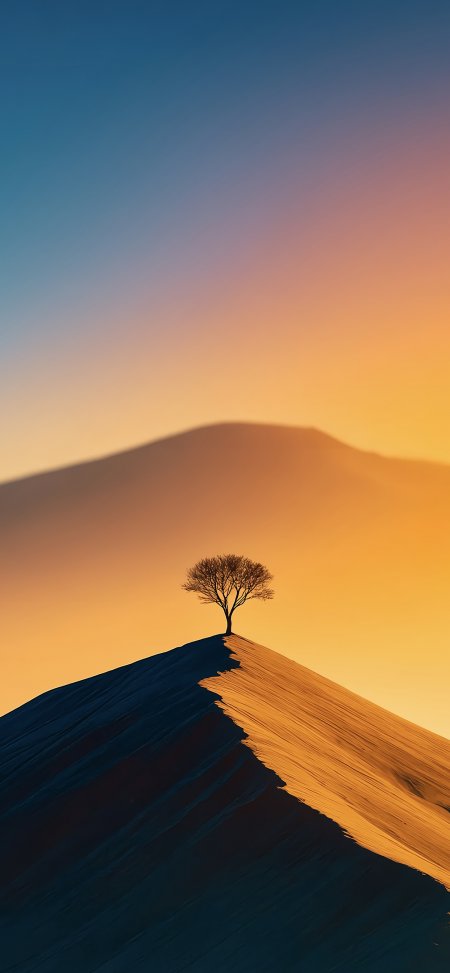 沙漠孤树日落剪影渐变天空唯美风景插画手机壁纸