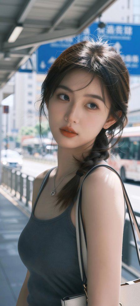 车站灰背心侧编发街拍清纯气质美女手机壁纸