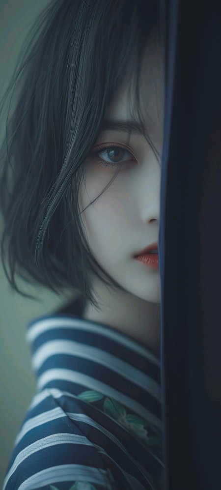 短发少女条纹和服侧身回眸神秘少女手机壁纸