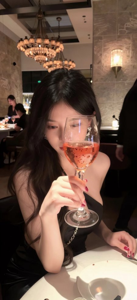餐厅红酒黑裙优雅氛围美女摄影手机壁纸
